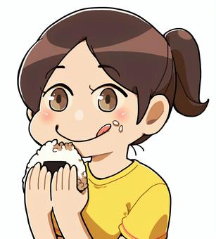 おにぎりを食べる女の子 食事,おにぎり,美味しい,笑顔,女の子,ポニーテールのイラスト素材