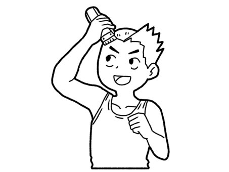 【白黒】バリカンで刈る【線画】 バリカン,坊主,剃髪,セルフカット,男性,タンクトップ,イメチェン,白黒,線画のイラスト素材