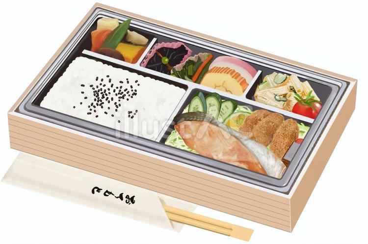 折詰弁当（鮭と牡蠣フライ）箸付き 折詰弁当,鮭,牡蠣のイラスト素材