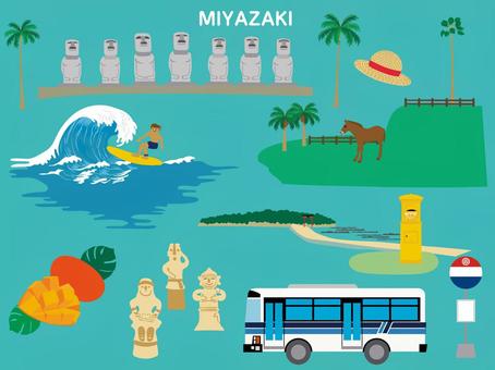宮崎モチーフセット② サーフィン,マンゴー,観光,旅行,宮崎,モアイ,都井岬,馬,青島,はにわのイラスト素材