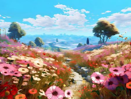 Landscape of clear blue sky and flower field, , JPG