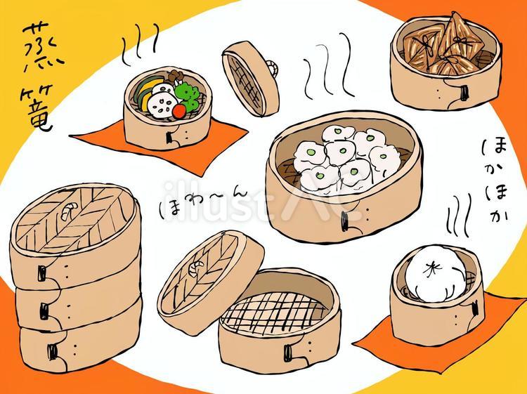 手描きの蒸篭イラストセット 蒸篭,蒸し料理,蒸し野菜のイラスト素材