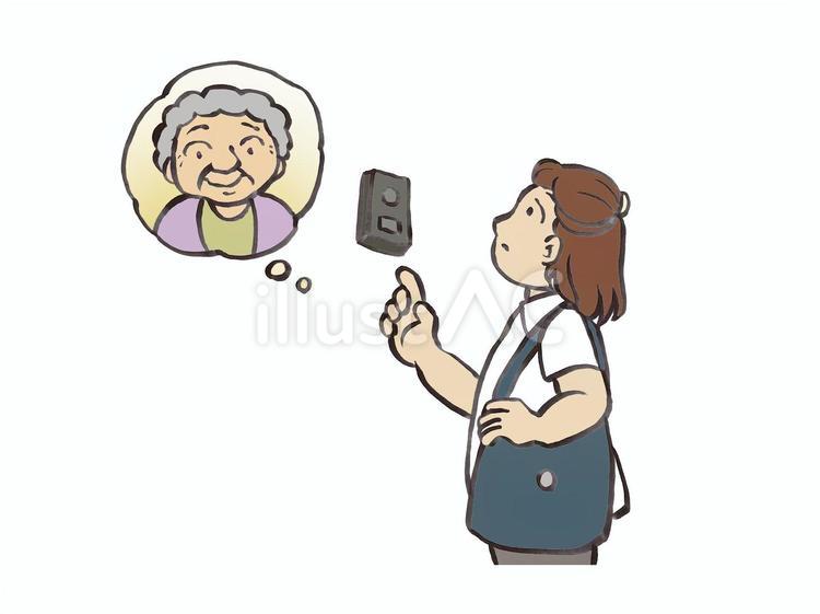 高齢者宅を訪問する行政職員 高齢者,インターホン,女性のイラスト素材