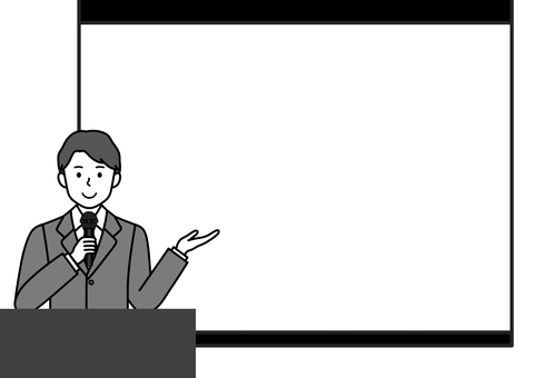 講義・説明・プレゼンをするビジネスマン 講師,講義,プレゼンテーション,男性,ビジネスマン,会社員,白黒,プロジェクター,シンプル,セミナーのイラスト素材