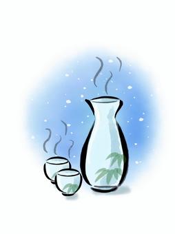 熱燗とっくりとおちょこの雪見酒 とっくり,おちょこ,熱燗,湯気,冬,ぐい呑み,暖かい,熱々,日本酒,雪のイラスト素材
