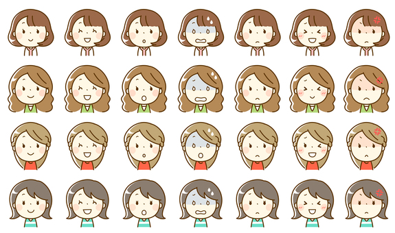 いろいろな女性の顔アイコン感情セット3 女性,セット,感情,顔,上半身,カジュアル,可愛い,表情,人物,ママのイラスト素材