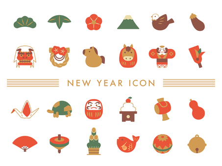 お正月の縁起物のかわいいアイコン お正月,アイコン,巳,和,蛇,巳年,鏡餅,コマ,松,梅のイラスト素材