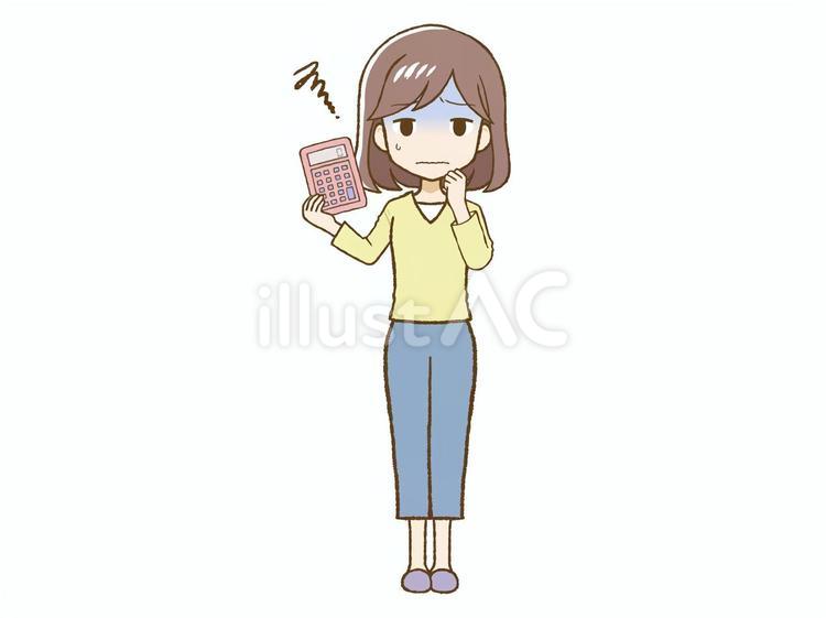 計算機を持って青ざめる黄色い服の女性 電卓,計算機,女のイラスト素材