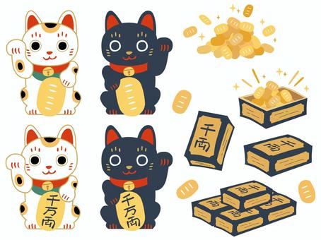 招き猫と千両箱と小判 招き猫と千両箱と小判 招き猫,千両箱,小判,黒い,黒い招き猫,商売繁盛,金運,千客万来,厄除け,魔除けのイラスト素材