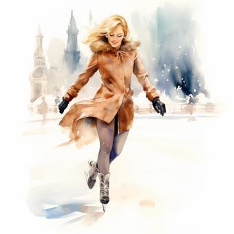 skating on a winter day, watercolor painting, ice skate, female, JPG