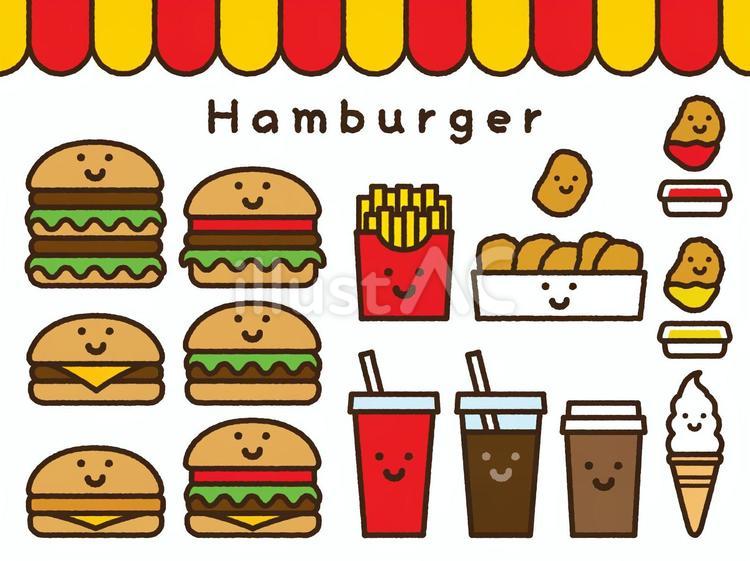 ゆるかわ手描き風ハンバーガーセット ハンバーガー,ファストフード,ショップのイラスト素材