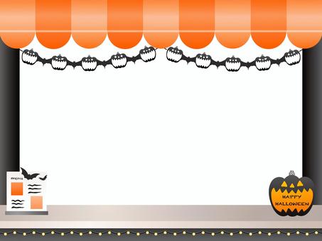 ハロウィンかぼちゃ装飾カフェ店フレーム2 ハロウィン,かぼちゃ,ジャックオーランタン,カフェ,ショップ,キッチンカー,マルシェ,店,お店,受付のイラスト素材