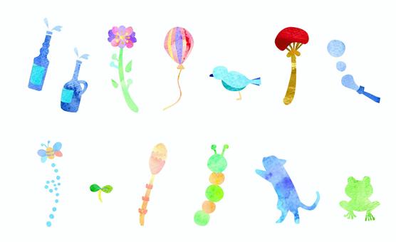 水彩　イラスト　動物・植物　素材セット ビン,瓶,はち,つくし,芽,あおむし,ねこ,カエル,花,風船のイラスト素材