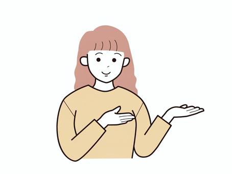 両手でどうぞとする若い女性2／カラー 上半身,長袖,両手,どうぞ,お勧め,女性,お母さん,ママ,学生,社会人のイラスト素材
