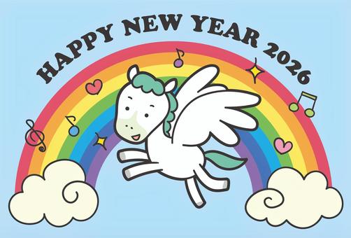 2026年午年ペガサスの年賀状　虹背景 2026年,年賀状,午年,ペガサス,馬,羽,翼,虹,空,雲のイラスト素材