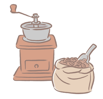 コーヒーミルとコーヒー豆 コーヒーミル,コーヒー豆,ミル,コーヒー,手描き,レトロ,クラシック,茶色,カフェ,麻袋のイラスト素材