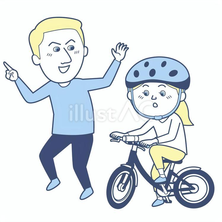 自転車の練習をする外国人の親子_淡色版 淡色版,父,娘のイラスト素材