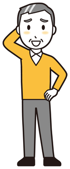  ニット中年男性(黄)-383-全身 照れる,おじさん,男性,中年,お父さん,パパ,シニア,ミドルエイジ,人物,かわいいのイラスト素材