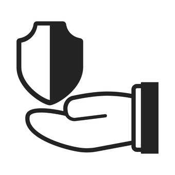 セキュリティー・ウイルス対策のアイコン 手,横,盾,セキュリティー,守る,保護,乗せる,白黒,シンプル,ベクターのイラスト素材