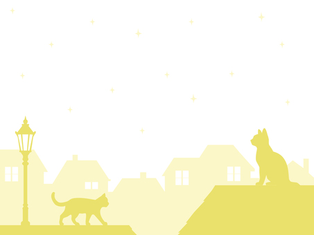 猫と夜の街並のシルエット背景（イエロー） 猫,シルエット,背景,夜,街並み,星,テンプレート,動物,壁紙,イエローのイラスト素材