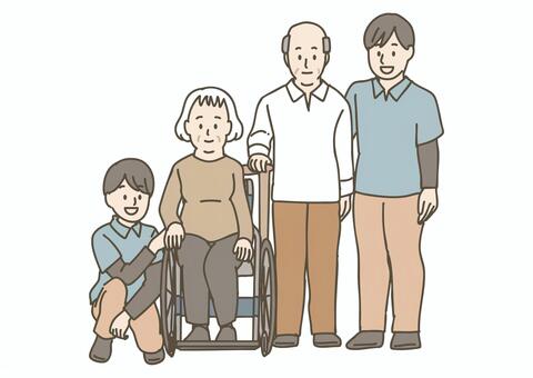 利用者と見守る介護士・家族 介護士,高齢者,シニア,車椅子,車イス,介護,介助,福祉,家族,笑顔のイラスト素材