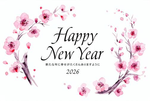 年賀状／水彩の優しい梅の花・フレーム 年賀状,梅,花,お正月,正月,元旦,水彩,年賀,テンプレート,飾り枠のイラスト素材