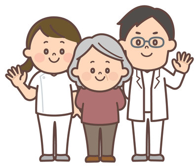 病院スタッフとおばあさん 病院,入院,入院患者,医療従事者,医師,看護師,老人,高齢者,おばあさん,老人ホームのイラスト素材