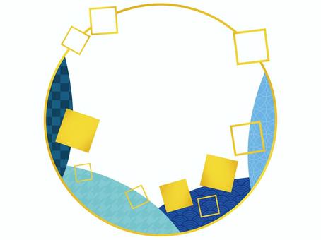 Round frame with golden squares and blue Japanese pattern, zefir, alev, ve ele, JPG and PNG