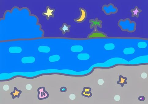 夜の海の背景イラスト 海,夜空,月,星,砂浜,雲,貝殻,ひとで,かわいい,イラストのイラスト素材