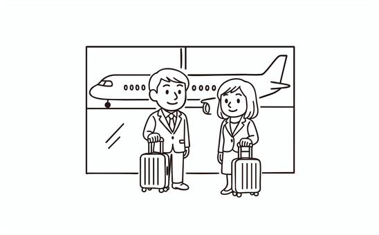 飛行機の搭乗を待つ会社員カップル 人物,飛行機,空港,会社員,男性,女性,キャリーケース,出張,旅行,夫婦のイラスト素材