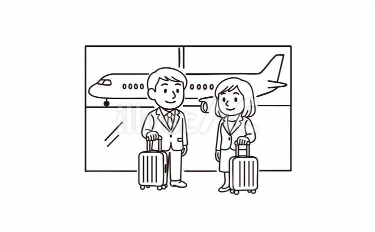 飛行機の搭乗を待つ会社員カップル 人物,飛行機,空港のイラスト素材