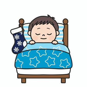 クリスマスプレゼントが楽しみな男の子1 クリスマス,聖夜,ベッド,くつした,おやすみ,眠る,寝る,枕,布団,星のイラスト素材