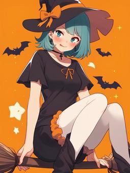 ハロウィン ホウキに座る女の子