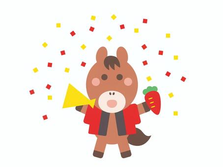 メガホンで人参を宣伝をする紙吹雪の中の馬 馬,セール,メガホン,人参,紙吹雪,初売り,呼び込み,宣伝,法被,ポーズのイラスト素材