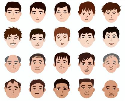 男性の顔20種類セット 顔,セット,男性,笑顔,若い,中年,老人,シンプルのイラスト素材
