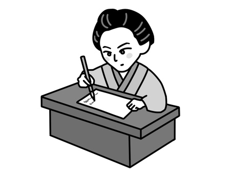 机で文章を書く樋口一葉 樋口一葉,似顔絵,肖像画,ゆるい,かわいい,手描き,デフォルメ,歴史,人物,白黒のイラスト素材