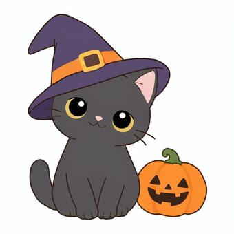 魔女の帽子を被る黒猫のハロウィンイラスト 黒猫,ハロウィン,猫,ネコ,魔女帽子,魔女,ジャックオランタン,落ち葉,かぼちゃ,秋のイラスト素材
