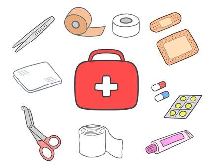 ファーストエイドセット、応急処置キット ファーストエイド,エマージェンシー,塗り薬,応急,緊急,処置,救急箱,医療,テーピング,包帯のイラスト素材