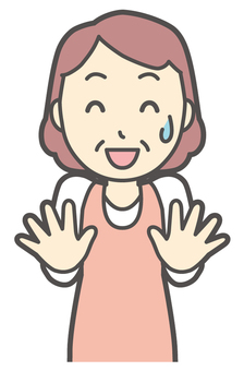  手を振ってごまかしているおばさん 作り笑い,女性,人,主婦,中年,シニア,エプロン,ママ,お母さん,おかんのイラスト素材