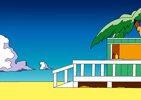 海の家　イラスト 海の家,青空,ヤシの木,雲,風景,砂浜のイラスト素材