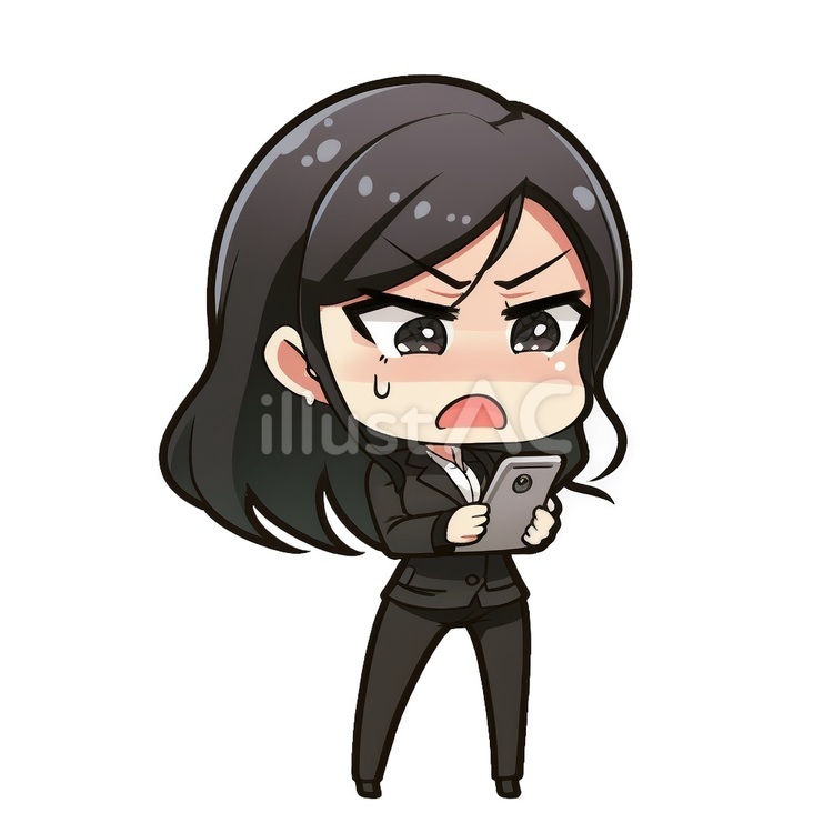 スマホを見て焦る黒髪のOL 女性,スマホ,焦るのイラスト素材