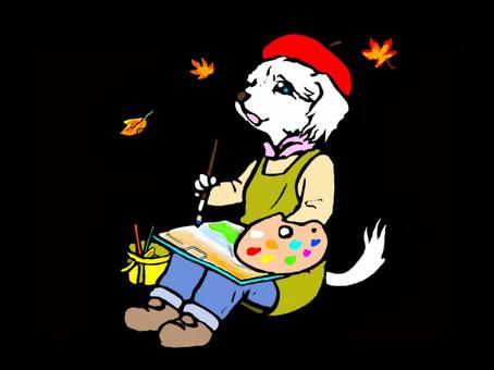 芸術の秋 秋,芸術,絵描き,絵の具,動物,犬,女の子,紅葉のイラスト素材