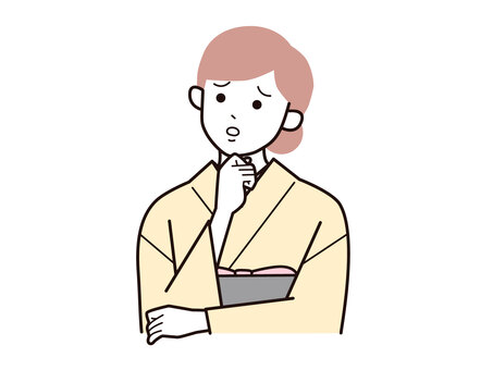 顎に手を当て首傾げ着物女性A左向／カラー 首,傾げる,不満,女性,お母さん,着物,講師,20代,30代,40代のイラスト素材