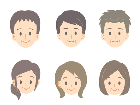 人の顔　中年の男性と女性 顔,男女,中年,40代,50代,60代,お父さん,お母さん,更年期,バブル世代のイラスト素材