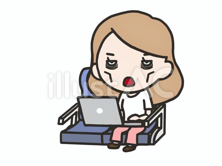 新幹線で仕事をする女性：げっそり 女性,パソコン,副業のイラスト素材