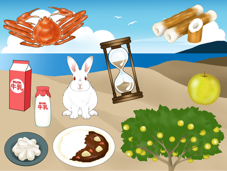 鳥取県のイメージイラスト 鳥取,鳥取県,砂丘,観光地,砂時計,梨,二十世紀梨,カレーライス,らっきょう,牛乳のイラスト素材
