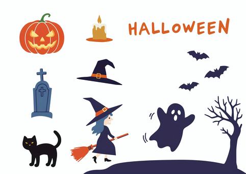 ハロウィンのイラストセット ハロウィン,halloween,魔女,箒,魔法使い,帽子,秋,10月,ベクター,イベントのイラスト素材