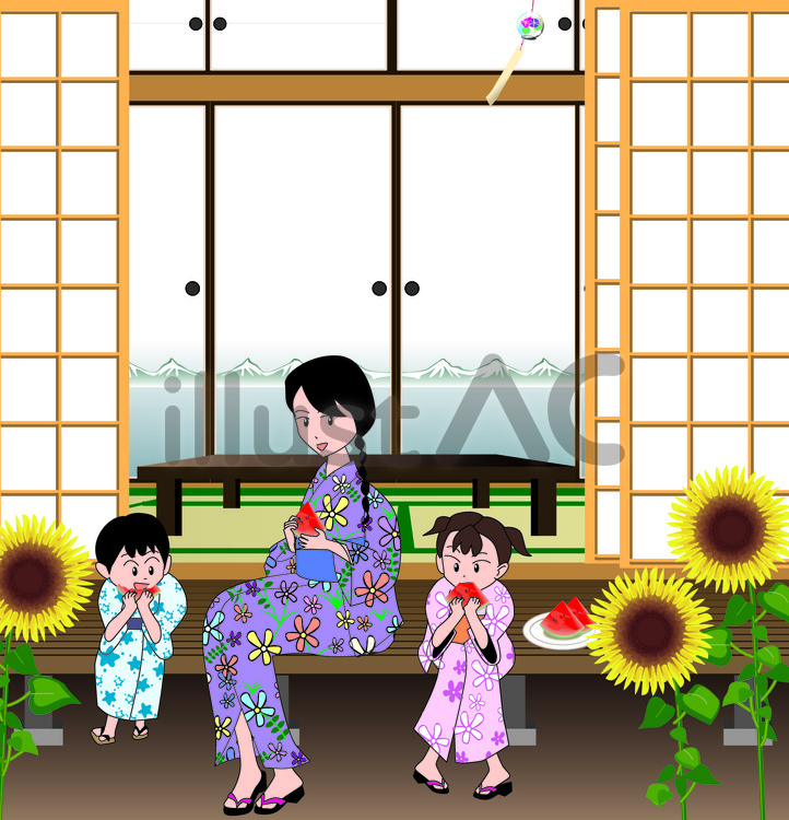 家族　親子　子供　スイカ　浴衣　縁側 家族,親子,子供のイラスト素材