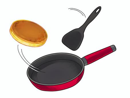 料理　フライパンでホットケーキを焼く ホットケーキ,パンケーキ,フライパン,フライ返し,料理,クッキング,焼く,ひっくり返す,手作り,お菓子作りのイラスト素材