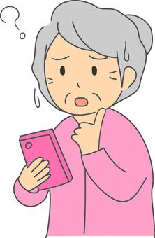 悩む高齢者(女性) 高齢者,女性,年配,携帯,使い方,悩み,困った,はてな,デバイス,端末のイラスト素材